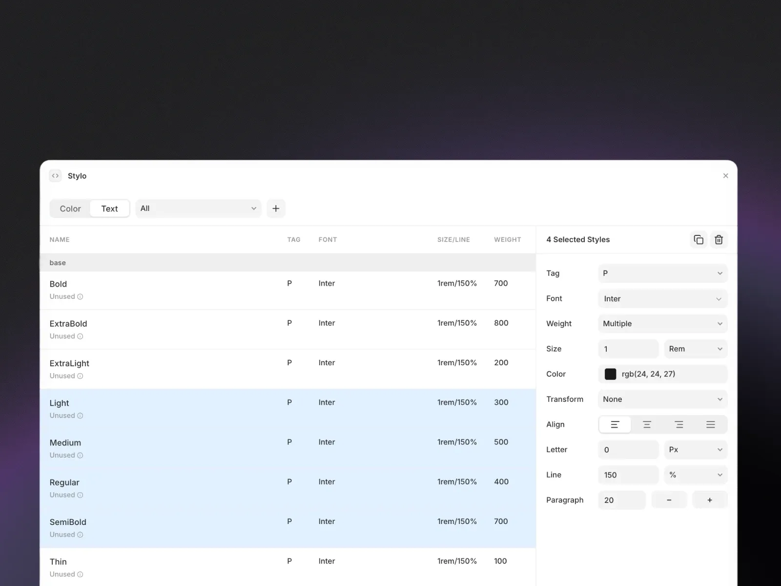 Stylo plugin listing Framer text styles and typography properties